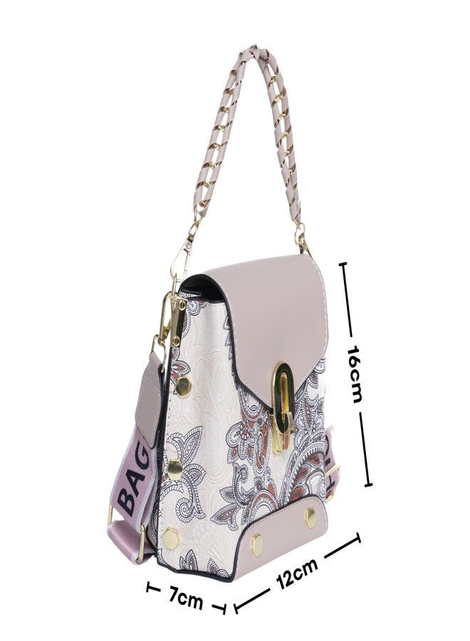 SANTORINI Paisley Mini Luxe Sling Bag for Women | Premium Faux Leather | 2 Compartments | Twist Lock | Bag Charm | Extra Sling Strap (Khaki) - Image 2